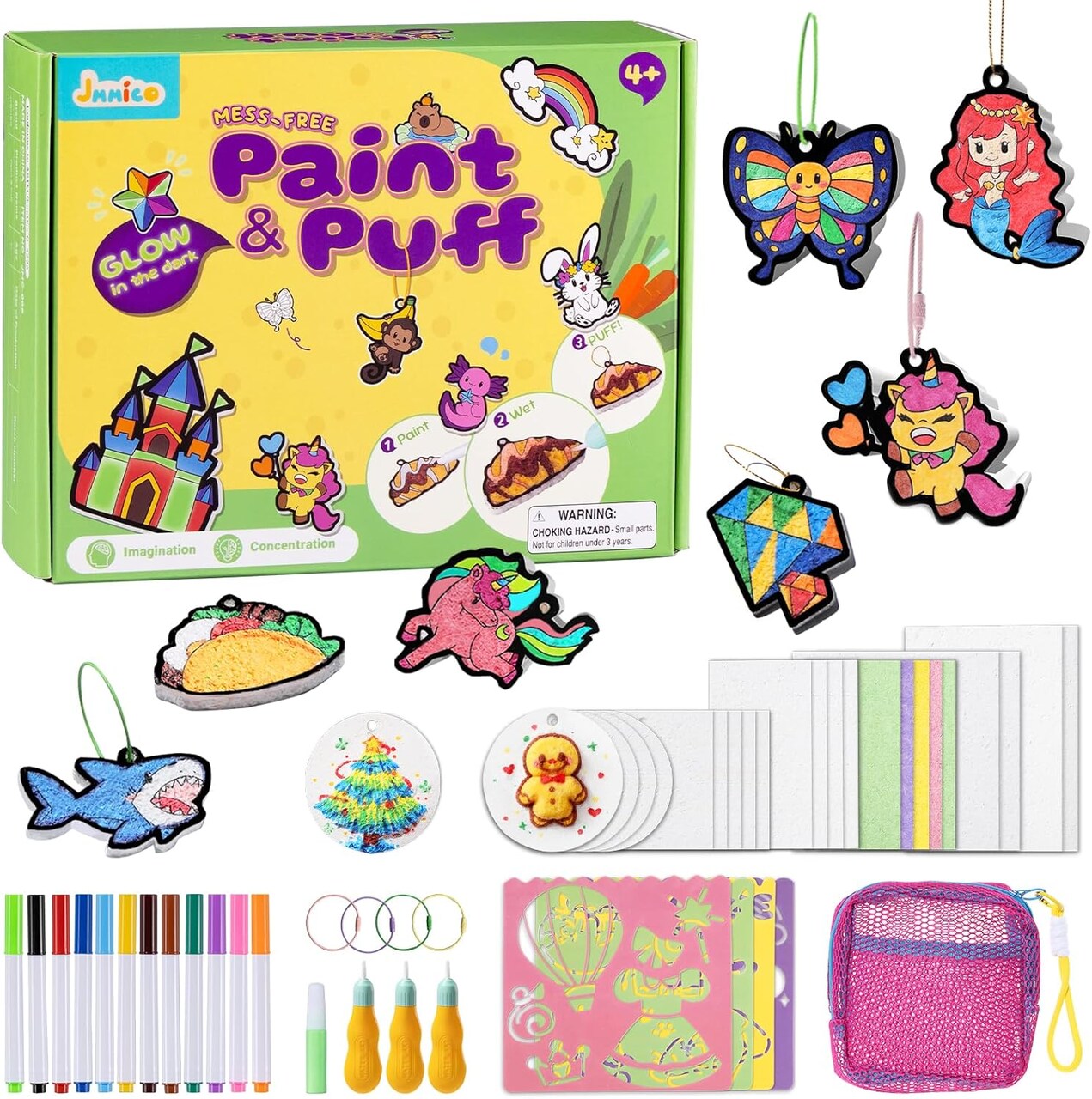 JMMICO 81 PCS 3D Art Paint & Puff Set, Mess-Free Crafts for Kids Ages 4-8-12, Glow-in-The-Dark Aqua Puffs, Creative Christmas Gifts, For Kids 4-10 Year Old